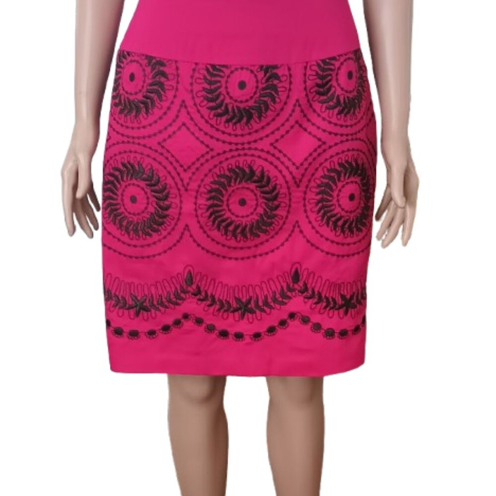 Embroidered Floral Pencil Skirt 4 Women's Pink & Black 100% Cotton A-Line
